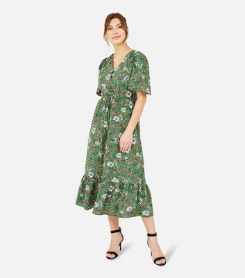 Yumi Green Floral Tiered Midi Dress ...